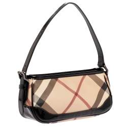 Pre Owned Burberry Beige/Black Nova Check Coated Canvas and Patent Leather Small Newbury Bag