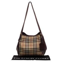 Pre Owned Burberry Beige/Burgundy Haymarket Check Coated Canvas and Leather Small Canterbury Tote