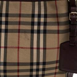 Pre Owned Burberry Beige/Burgundy Haymarket Check Coated Canvas and Leather Small Canterbury Tote
