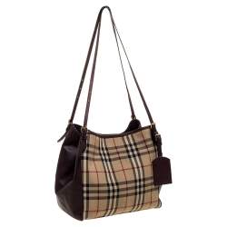 Pre Owned Burberry Beige/Burgundy Haymarket Check Coated Canvas and Leather Small Canterbury Tote