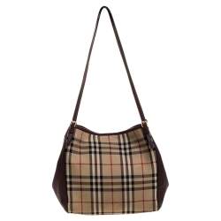 Pre Owned Burberry Beige/Burgundy Haymarket Check Coated Canvas and Leather Small Canterbury Tote