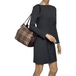 Pre Owned Burberry Beige/Burgundy Haymarket Check Coated Canvas and Leather Small Canterbury Tote