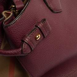 Pre Owned Burberry Burgundy Leather and House Check Fabric Medium Banner Tote