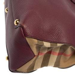Pre Owned Burberry Burgundy Leather and House Check Fabric Medium Banner Tote
