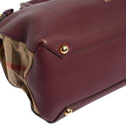 Pre Owned Burberry Burgundy Leather and House Check Fabric Medium Banner Tote