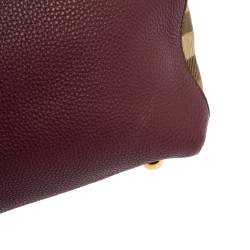 Pre Owned Burberry Burgundy Leather and House Check Fabric Medium Banner Tote