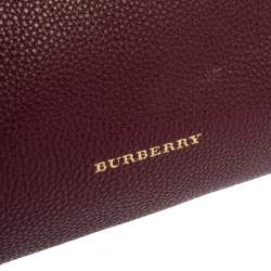 Pre Owned Burberry Burgundy Leather and House Check Fabric Medium Banner Tote