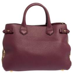 Pre Owned Burberry Burgundy Leather and House Check Fabric Medium Banner Tote