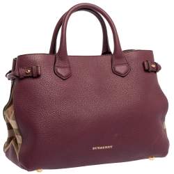 Pre Owned Burberry Burgundy Leather and House Check Fabric Medium Banner Tote