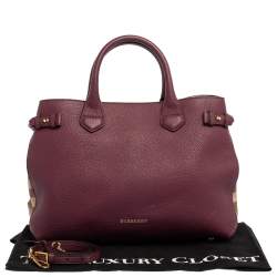 Pre Owned Burberry Burgundy Leather and House Check Fabric Medium Banner Tote