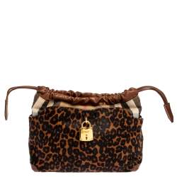 Pre Owned Burberry Brown/Black Leopard Print Calfhair, Leather and House Check Fabric Little Crush Crossbody Bag