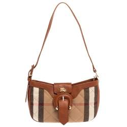 Pre Owned Burberry Beige/Tan House Check Canvas and Leather Shoulder Bag