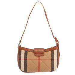 Pre Owned Burberry Beige/Tan House Check Canvas and Leather Shoulder Bag