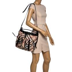 Pre Owned Burberry Beige/Black Nova Check PVC and Patent Leather Hobo