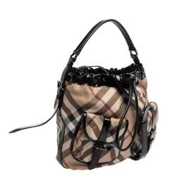 Pre Owned Burberry Beige/Black Nova Check PVC and Patent Leather Hobo