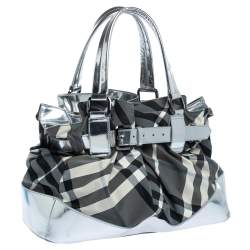 Burberry Silver Smoked Check Nylon and Patent Leather Belted Satchel