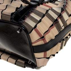 Pre Owned Burberry Black/Beige House Check PVC and Patent Leather Lowry Ruffle Tote