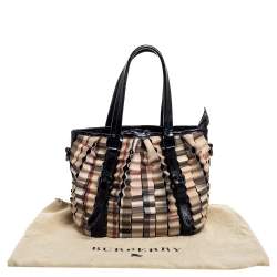 Pre Owned Burberry Black/Beige House Check PVC and Patent Leather Lowry Ruffle Tote