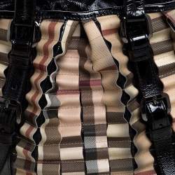 Pre Owned Burberry Black/Beige House Check PVC and Patent Leather Lowry Ruffle Tote