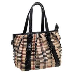 Pre Owned Burberry Black/Beige House Check PVC and Patent Leather Lowry Ruffle Tote