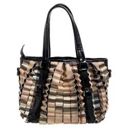 Pre Owned Burberry Black/Beige House Check PVC and Patent Leather Lowry Ruffle Tote