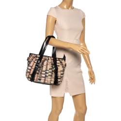 Pre Owned Burberry Black/Beige House Check PVC and Patent Leather Lowry Ruffle Tote