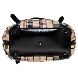 Pre Owned Burberry Black/Beige House Check PVC and Patent Leather Lowry Ruffle Tote