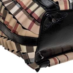 Pre Owned Burberry Black/Beige House Check PVC and Patent Leather Lowry Ruffle Tote