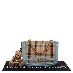 Pre Owned Burberry Light Blue/Beige House Check Canvas and Patent Leather Link Flap Shoulder Bag