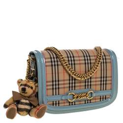 Pre Owned Burberry Light Blue/Beige House Check Canvas and Patent Leather Link Flap Shoulder Bag