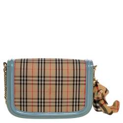 Pre Owned Burberry Light Blue/Beige House Check Canvas and Patent Leather Link Flap Shoulder Bag