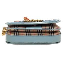 Pre Owned Burberry Light Blue/Beige House Check Canvas and Patent Leather Link Flap Shoulder Bag