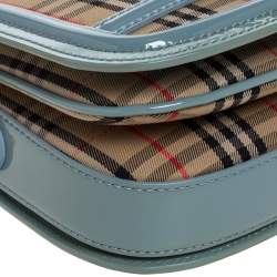 Pre Owned Burberry Light Blue/Beige House Check Canvas and Patent Leather Link Flap Shoulder Bag