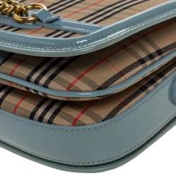 Pre Owned Burberry Light Blue/Beige House Check Canvas and Patent Leather Link Flap Shoulder Bag