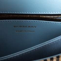Pre Owned Burberry Light Blue/Beige House Check Canvas and Patent Leather Link Flap Shoulder Bag