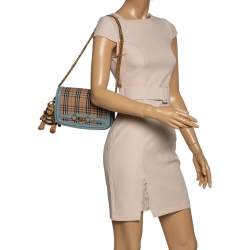 Pre Owned Burberry Light Blue/Beige House Check Canvas and Patent Leather Link Flap Shoulder Bag