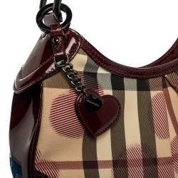 Pre Owned Burberry Burgundy/Beige Heart Check PVC and Patent Leather Hernville Hobo