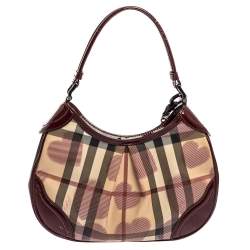 Pre Owned Burberry Burgundy/Beige Heart Check PVC and Patent Leather Hernville Hobo