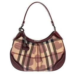 Pre Owned Burberry Burgundy/Beige Heart Check PVC and Patent Leather Hernville Hobo