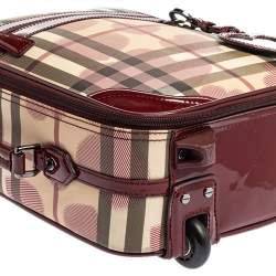 Pre Owned Burberry Burgundy Heart Check Coated Canvas and Patent Leather Trolley Bag 