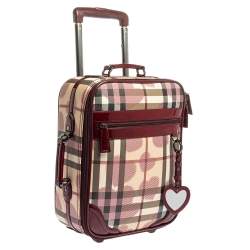 Pre Owned Burberry Burgundy Heart Check Coated Canvas and Patent Leather Trolley Bag 