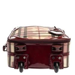 Pre Owned Burberry Burgundy Heart Check Coated Canvas and Patent Leather Trolley Bag 