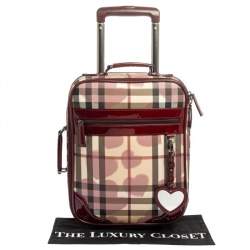 Pre Owned Burberry Burgundy Heart Check Coated Canvas and Patent Leather Trolley Bag 