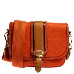 Pre Owned Burberry Burnt Orange Grained Leather Buckle Flap Shoulder Bag