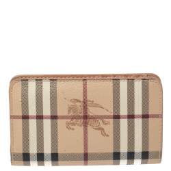 Pre Owned Burberry Beige/Peach Haymarket Check Canvas and Leather Bifold Wallet