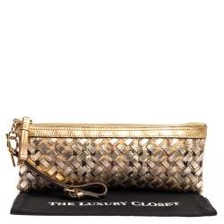 Pre Owned Burberry Beige/Gold Haymarket Check Coated Canvas and Leather Zip Wristlet Clutch