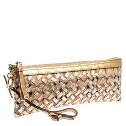 Pre Owned Burberry Beige/Gold Haymarket Check Coated Canvas and Leather Zip Wristlet Clutch
