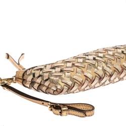 Pre Owned Burberry Beige/Gold Haymarket Check Coated Canvas and Leather Zip Wristlet Clutch