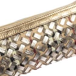 Pre Owned Burberry Beige/Gold Haymarket Check Coated Canvas and Leather Zip Wristlet Clutch