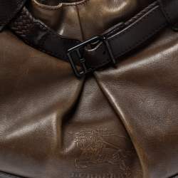 Pre Owned Burberry Dark Brown Logo Embossed Leather Buckle Detail Hobo